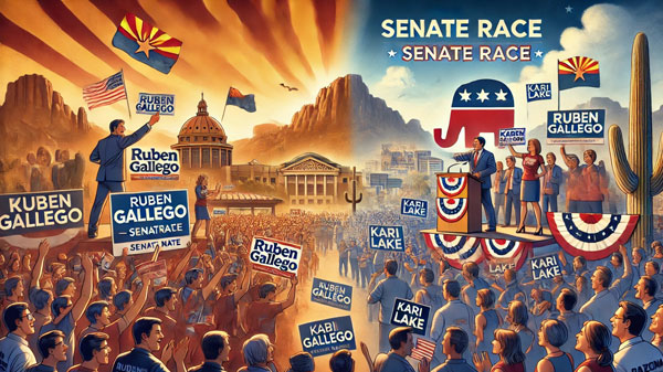 Here is an image Arizona Senate Race Heats Up, featuring dynamic rallies for candidates Ruben Gallego and Kari Lake. It highlights the excitement and energy of the campaign events set against the Arizona landscape.