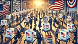 the image depicting the dynamic scene of voters participating in ballot measures related to voting rights across multiple U.S. states. The image captures the broad range of environments and initiatives, emphasizing the importance of voting rights and democratic participation.