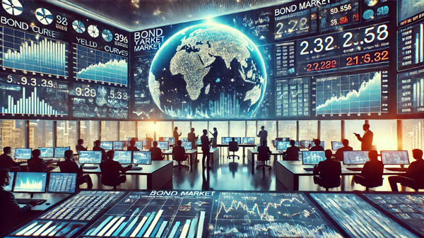 image representing the Bond Market Impact, featuring financial analysts monitoring bond yield curves, interest rate movements, and global market indicators. The scene conveys the complexity and global influence of bond markets, with digital screens displaying real-time data, highlighting the importance of bond prices and yields on financial markets and the economy.