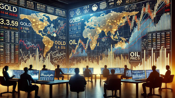 the image depicting Commodities with a focus on fluctuating gold and oil prices. The scene showcases real-time data, where digital screens display sharp movements in the price charts for these commodities, highlighting the global economic uncertainties that are driving these fluctuations. The setting reflects the dynamic nature of commodity markets and their connection to the broader global economy