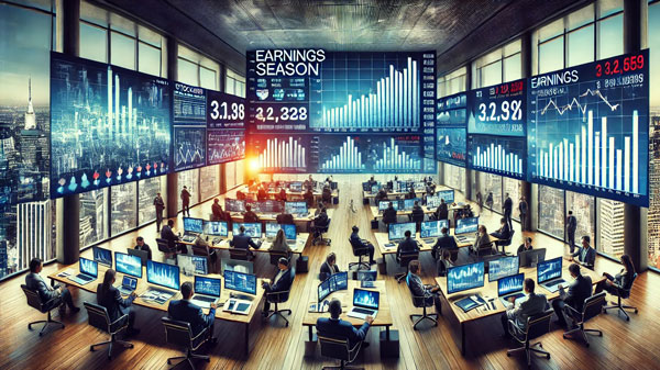 the image representing Earnings Season, depicting executives analyzing financial reports with screens showing stock charts, profit margins, and quarterly results. The atmosphere reflects the intensity of earnings season, as key financial data drives market movements.