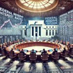 image representing the Federal Reserve Outlook, depicting a boardroom where economists and policymakers discuss economic indicators such as inflation, interest rates, and bond yields. The Federal Reserve building looms in the background, symbolizing its crucial role in shaping economic policy. The visual captures the seriousness and complexity of the discussions as the experts aim to balance inflation management with economic stability.