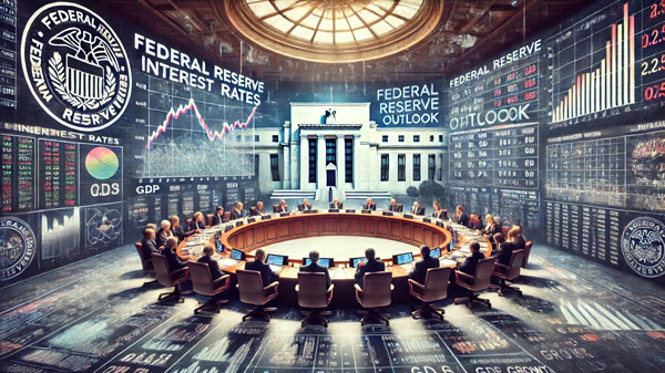 image representing the Federal Reserve Outlook, depicting a boardroom where economists and policymakers discuss economic indicators such as inflation, interest rates, and bond yields. The Federal Reserve building looms in the background, symbolizing its crucial role in shaping economic policy. The visual captures the seriousness and complexity of the discussions as the experts aim to balance inflation management with economic stability.