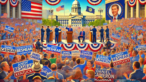 the image depicting the vibrant scene of the gubernatorial race in Kentucky, with rallies for both incumbent Democrat Andy Beshear and Republican candidate Daniel Cameron. The setting captures the energy and high stakes of the election.