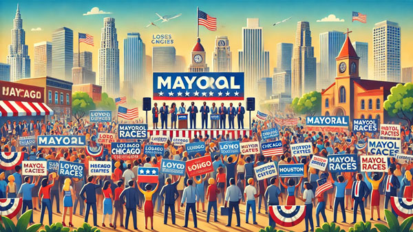 the image showcasing the mayor's races in major U.S. cities, with vibrant rallies, diverse supporters, and iconic city backdrops.