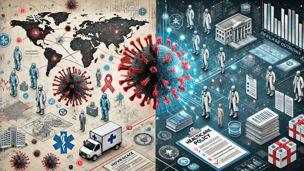 the image representing disease outbreaks and healthcare policy updates. It visually contrasts the chaotic nature of outbreaks with the structured approach of healthcare policies.