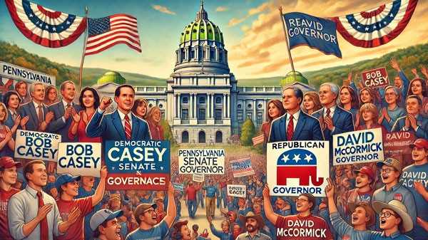 an image depicting the Pennsylvania Senate and Governor races, featuring rallies for Democratic Senator Bob Casey and Republican candidate David McCormick. The atmosphere captures the energy and importance of the campaigns, set against the backdrop of the Pennsylvania State Capitol.