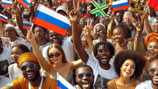 Here is the image representing a celebratory rally with African people holding both African and Russian flags, symbolizing unity of Russia-Africa Relations.