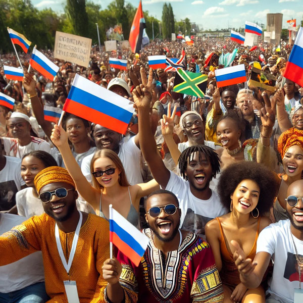 Here is the image representing a celebratory rally with African people holding both African and Russian flags, symbolizing unity of Russia-Africa Relations.