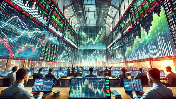 the image depicting today's Stock Market Performance featuring fluctuating stock prices, traders analyzing data, and a digital stock exchange environment. The image captures the dynamic nature of the market with gains and losses displayed in real-time.