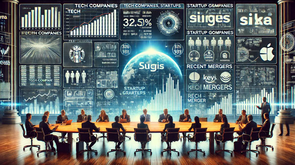 image depicting reports on tech companies, startups, and mergers. The scene includes business professionals engaged in strategy discussions around a conference table, while a large digital screen displays financial data, charts, and headlines about tech performance, startup growth, and recent mergers. The backdrop reflects innovation and corporate strategy, with tech company logos and merger announcements featured prominently.