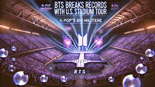 An image capturing the excitement of BTS’s record-breaking U.S. stadium tour, emphasizing the milestone in K-Pop’s global impact.