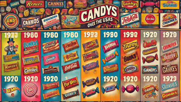 An image illustrating the timeline of popular candies in the USA, highlighting the vibrant packaging styles and cultural shifts in candy consumption across the decades.