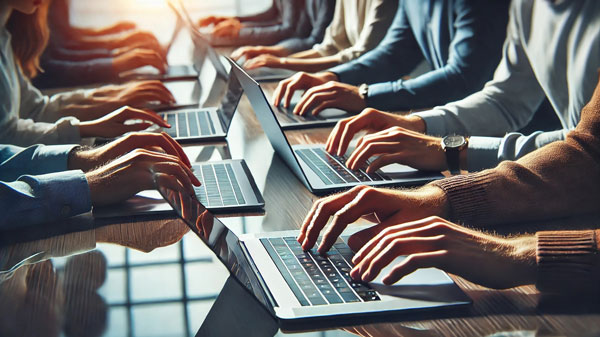 an image capturing a close-up of hands working on laptops in a modern office, symbolizing teamwork and resilience.