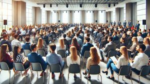 An image capturing an engaged audience at a career event with people of diverse demographics in a bright, formal setting.