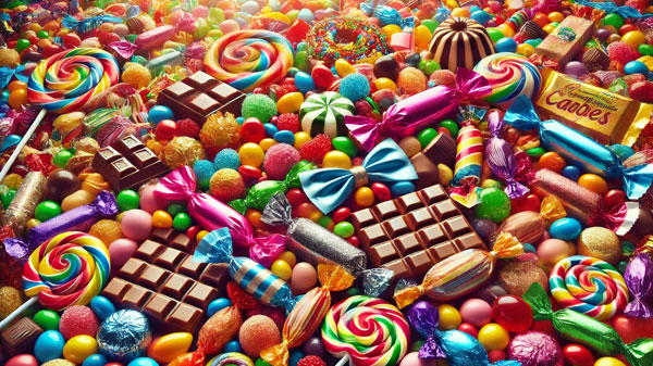 An image capturing the vibrant and festive spirit of National Candy Day, with colorful candies in a mix of wrappers and types.