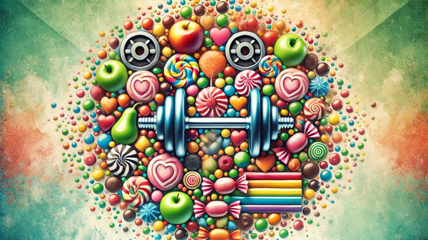 An image showcasing an artistic blend of colorful candies alongside health symbols like weights and apples, capturing the sweet yet controversial aspects of National Candy Day.