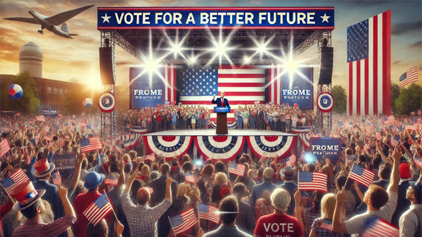 Here's the campaign rally image capturing the essence of a United States presidential election, emphasizing patriotism and unity