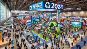 the image of the bustling expo scene at the Waste & Recycling Expo Canada 2024, capturing the vibrant atmosphere of attendees interacting with sustainable technology displays.